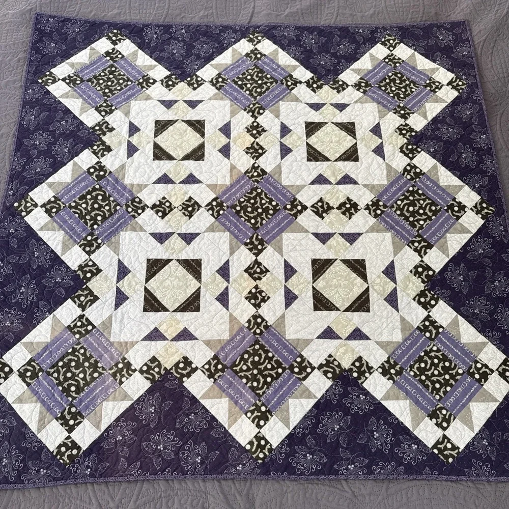 HANDMADE MACHINE QUILTED PURPLE PATCHWORK STAR LAP QUILT BLANKET 50
